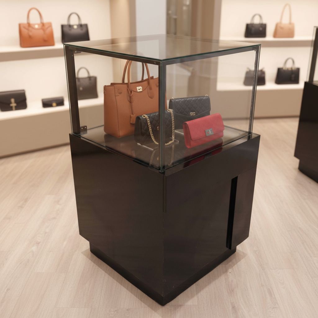 ตู้จิวเวลรี่ ตู้กระจกโชว์สินค้า ทรงสี่เหลี่ยมจตุรัส ฐานไม้สีดำ มีตู้เก็บของ 2 บานเปิด (1)