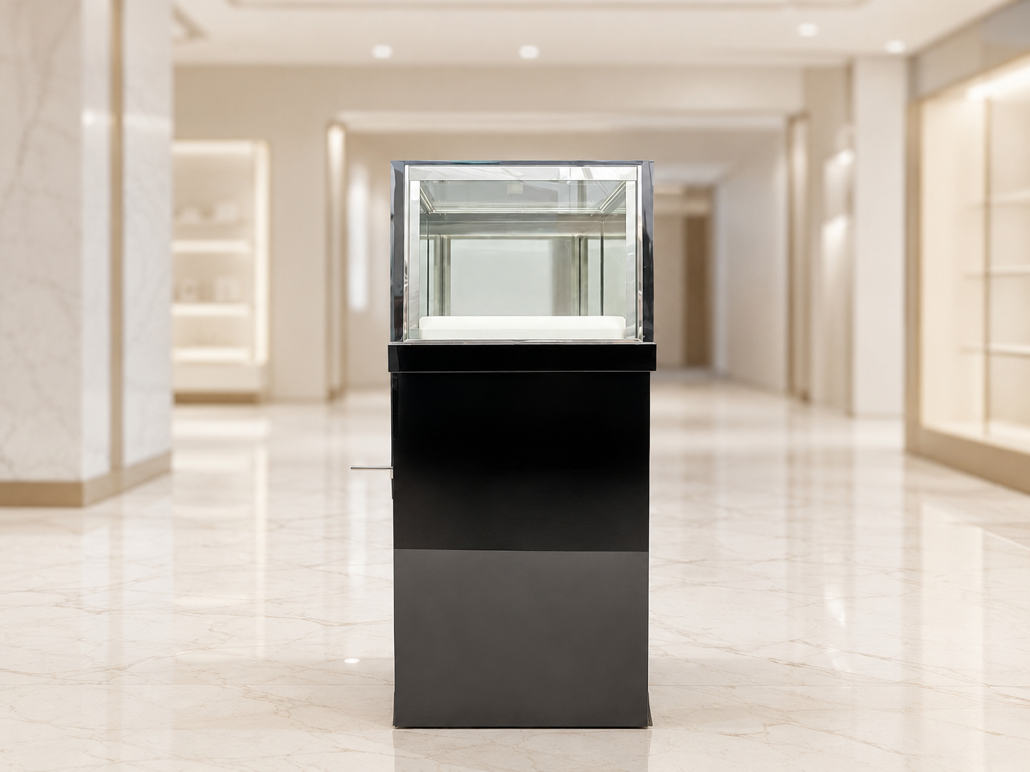 Black glass display cabinet featuring 1 hinged door, 1 drawer, and 1 storage compartment.
