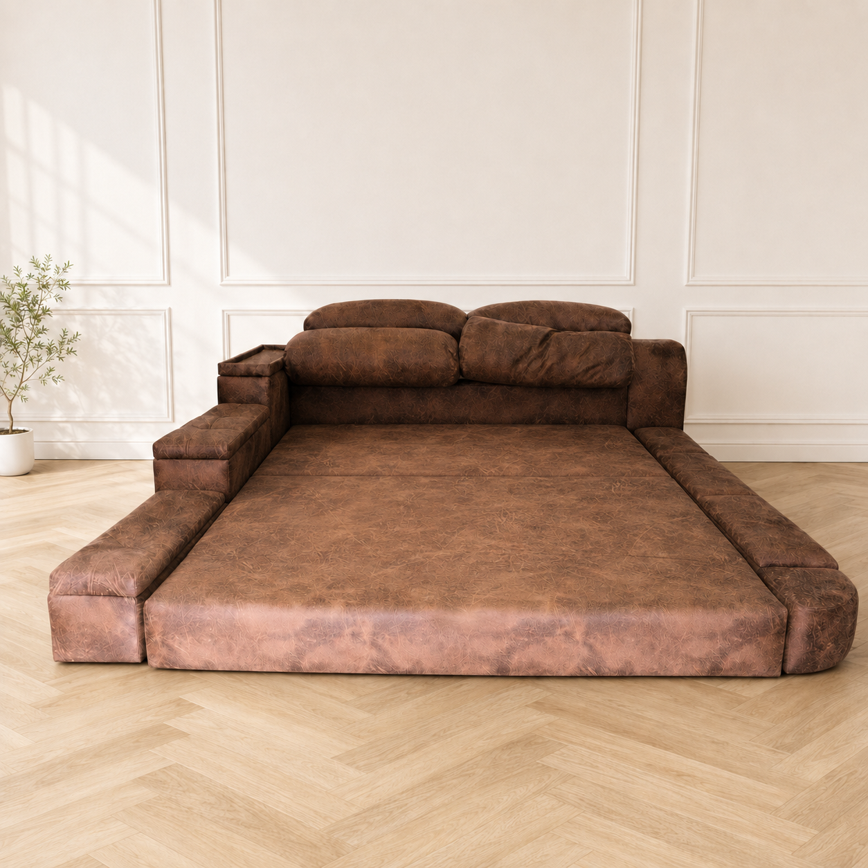 King size bed, brown leather pattern fabric, Crystal brand + mattress, sleep-peelS brand_476F4BLHTI