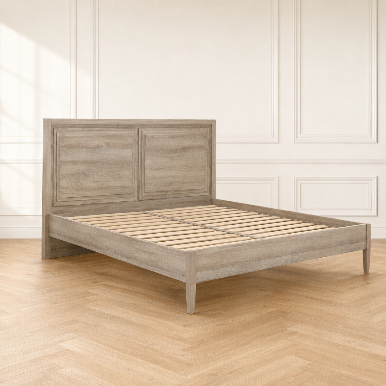 5-foot wooden bed, light brown, minimalist style.