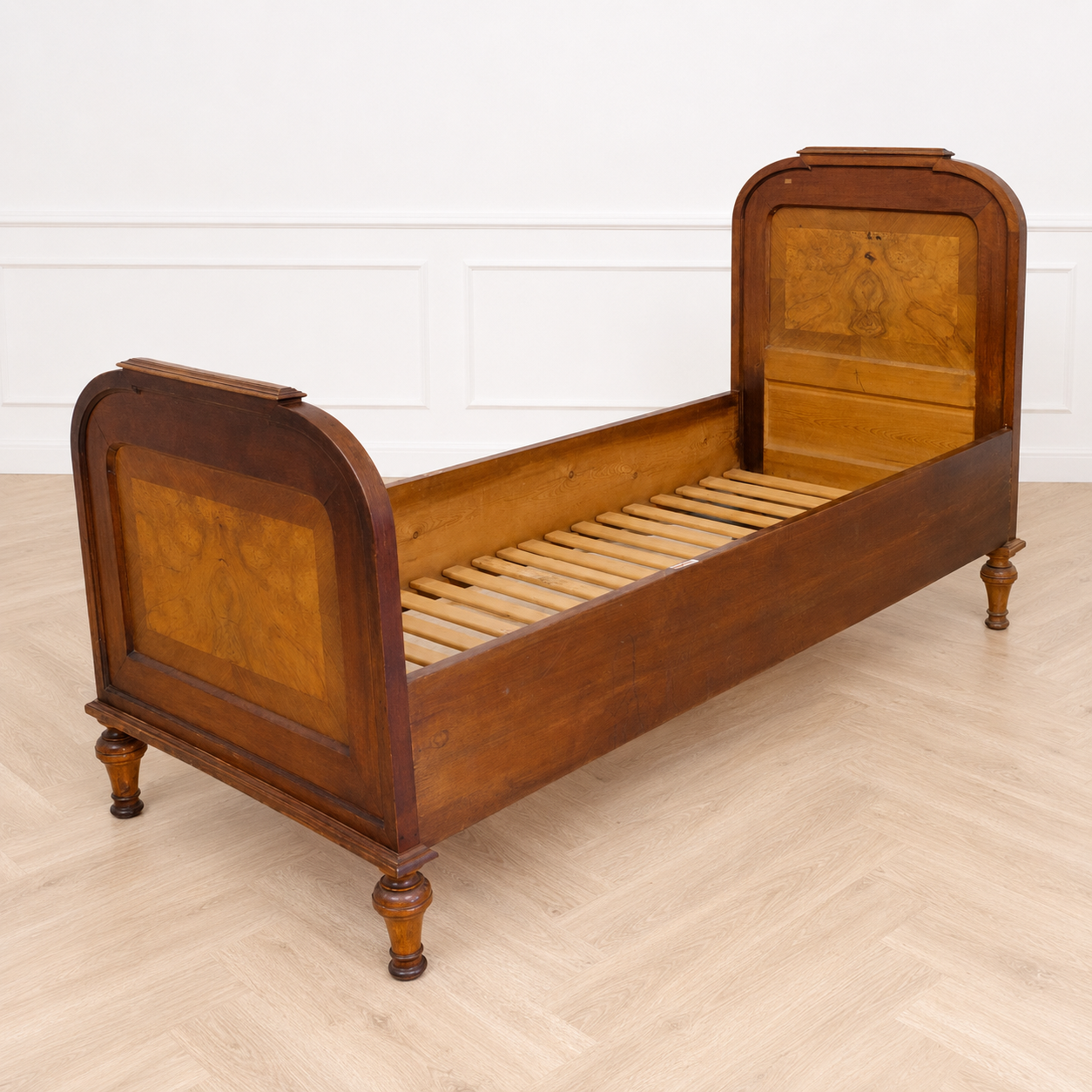 3 foot bed, walnut wood, European workmanship, sourced from Germany.