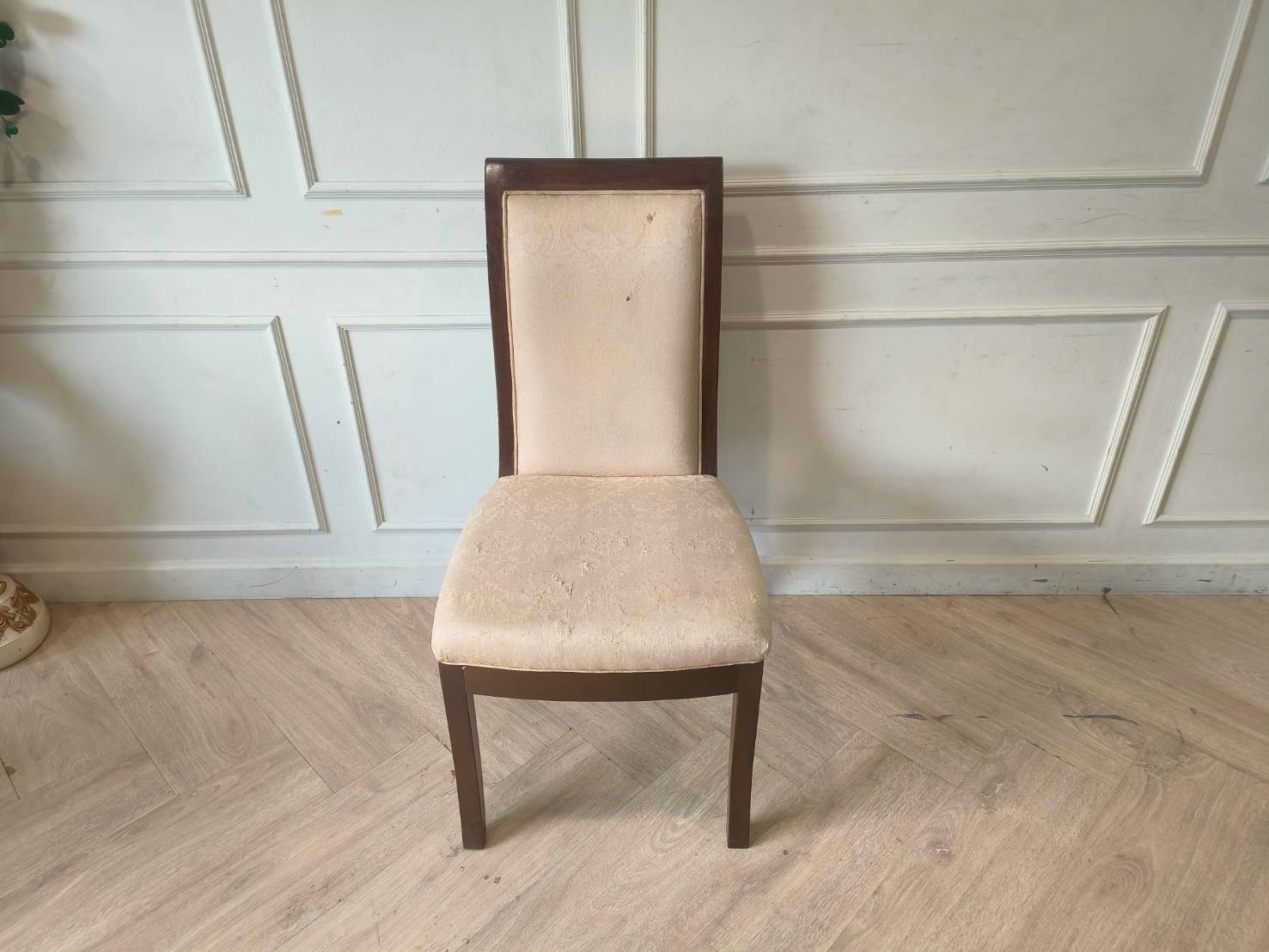 Elegant Wooden Dining Chair with Cream Upholstered Seat, Thai Floral Jacquard Fabric