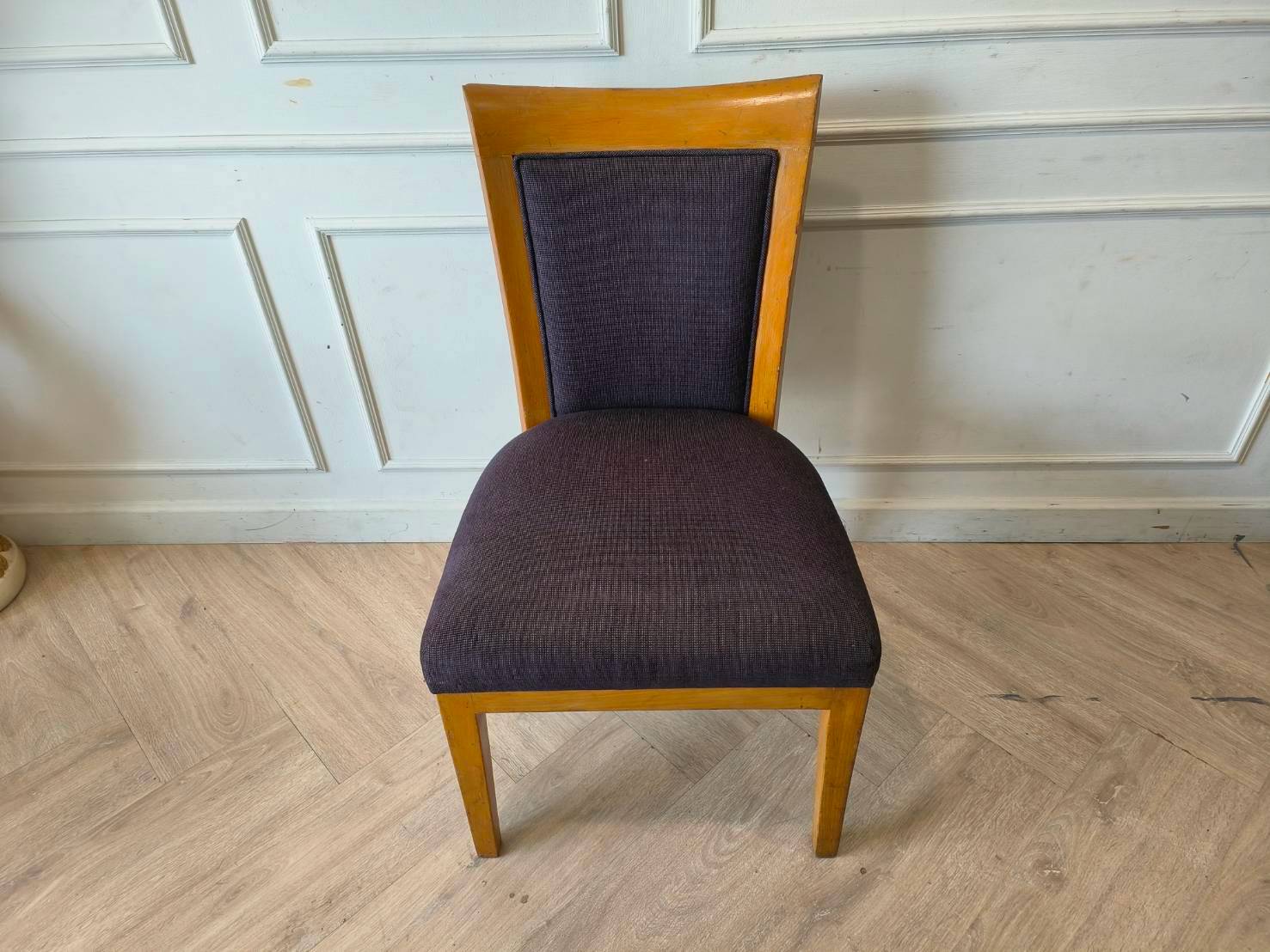 Wooden chair, dark gray fabric cushion Beautiful frame, light brown. The backrest has a cushion.