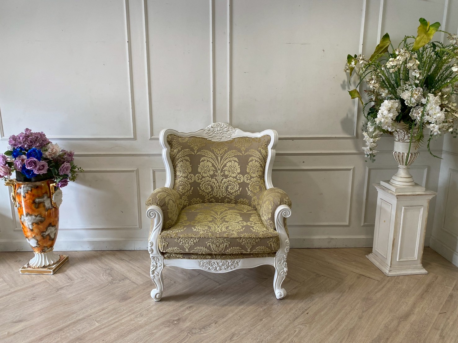 เก้าอี้ไม้หลุยส์ 1ที่นั่ง เบาะผ้า ลายสีเหลือง (1)