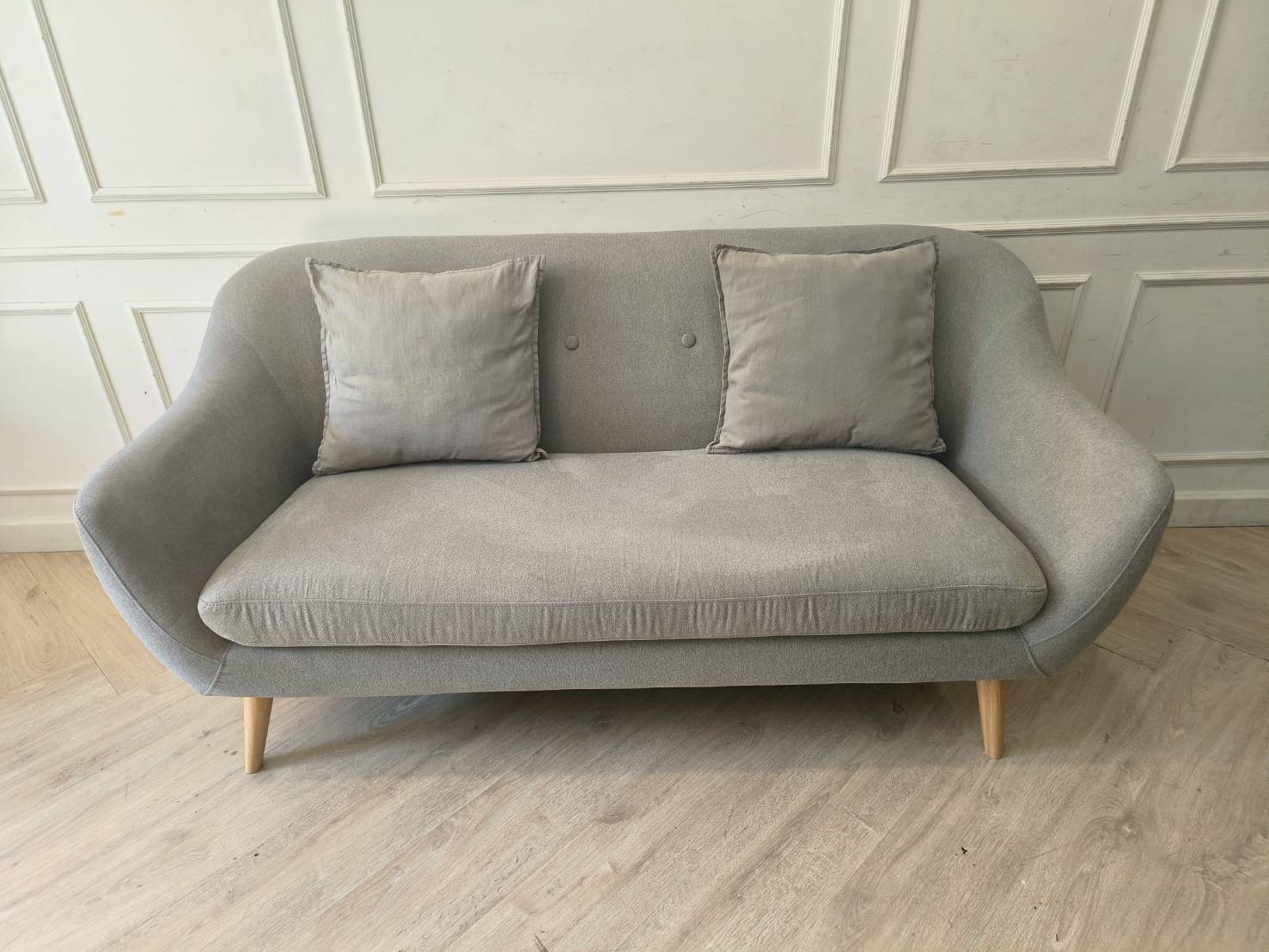 Ryoko 2-Seater Fabric Sofa, Cream, Wooden Legs, Includes 2 Cushions