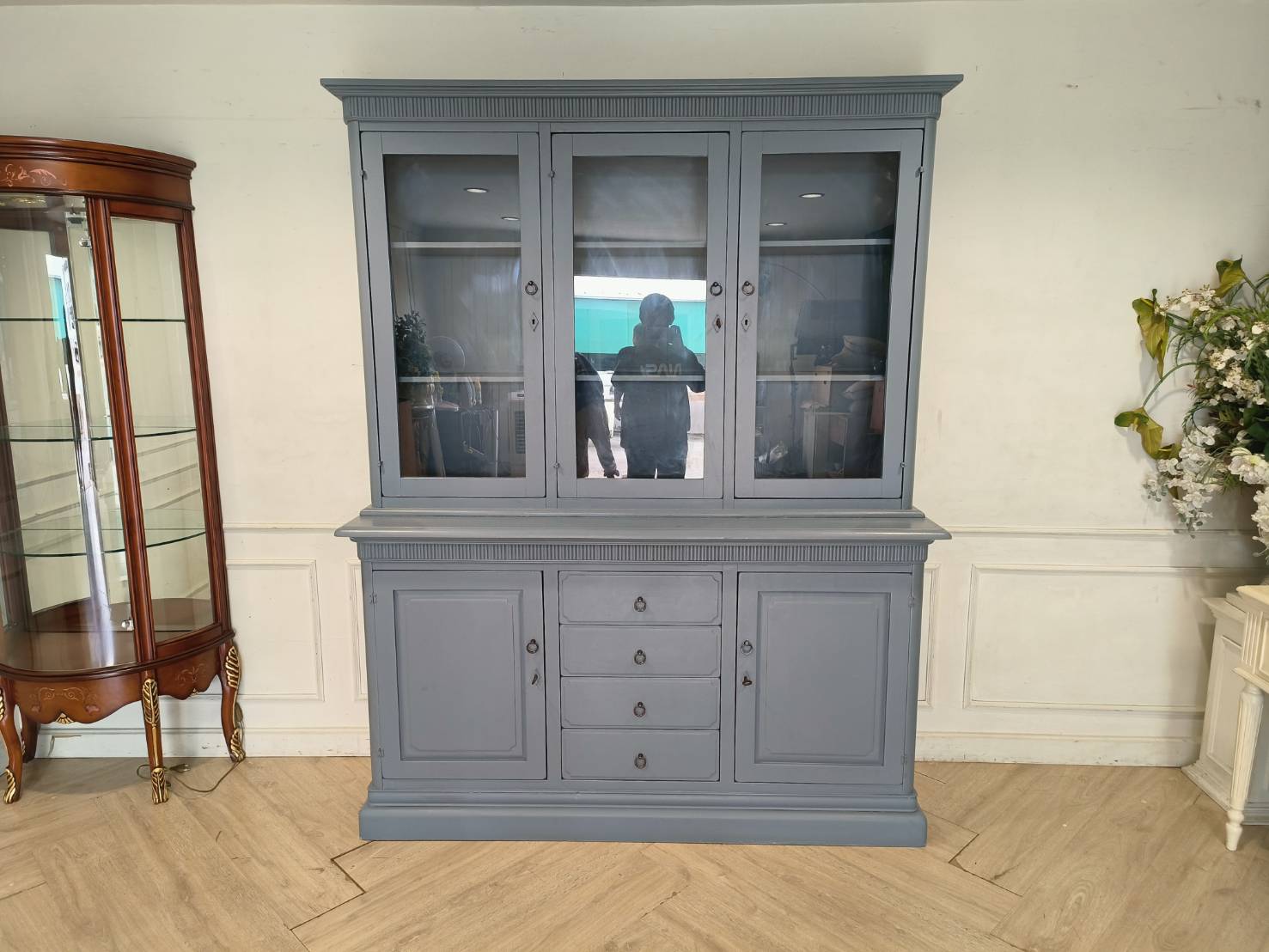 Classic Blue-Gray Wooden Display Cabinet with Drawers and Storage Doors