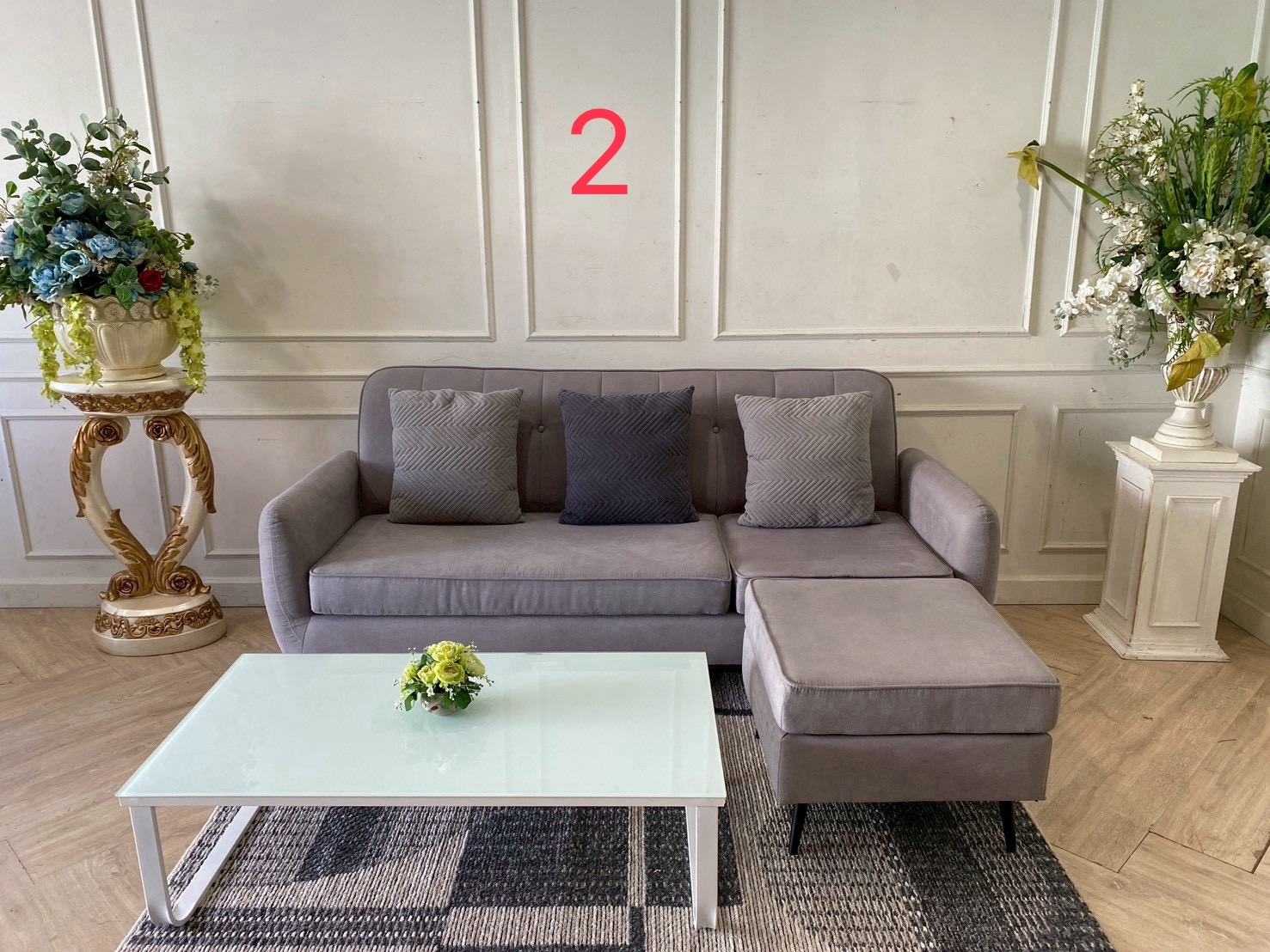 3-seater sofa set with button-tufted backrest + ottoman, fabric upholstery, steel legs, grey color._BYU8YGKFLE