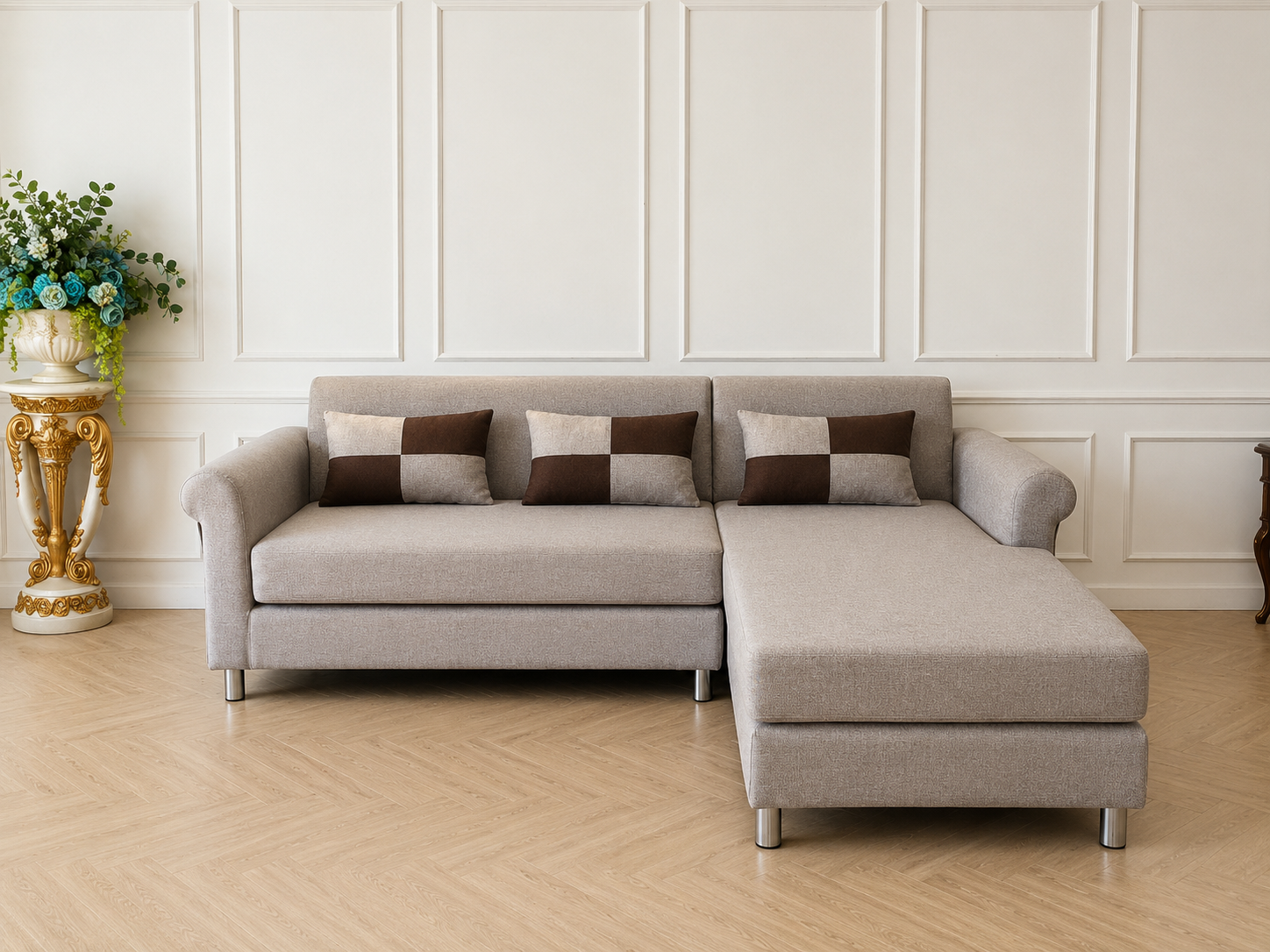 Minimalist L-Shaped Corner Fabric Sofa – Light Gray (Brand New)