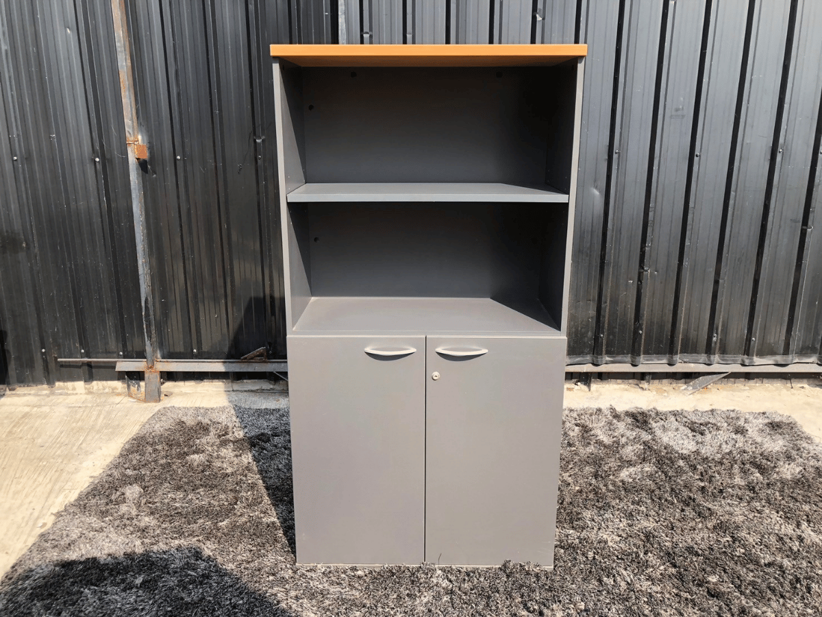 ตู้เอกสาร ทรงสูง 2 บานเปิด สีเทาท็อปไม้ (1)