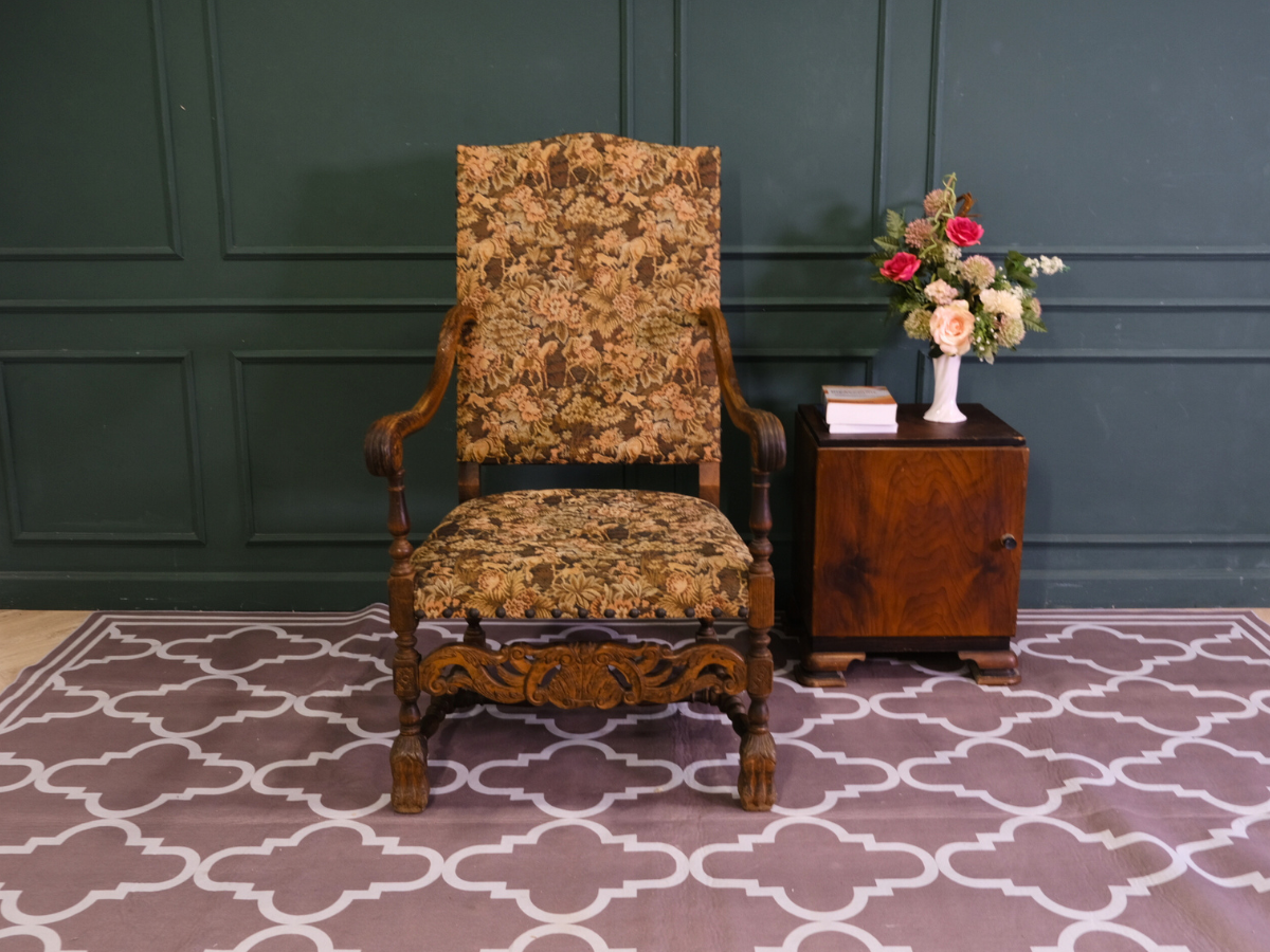 carved chair Brown floral pattern fabric cushion, European workmanship, sourced from Germany.