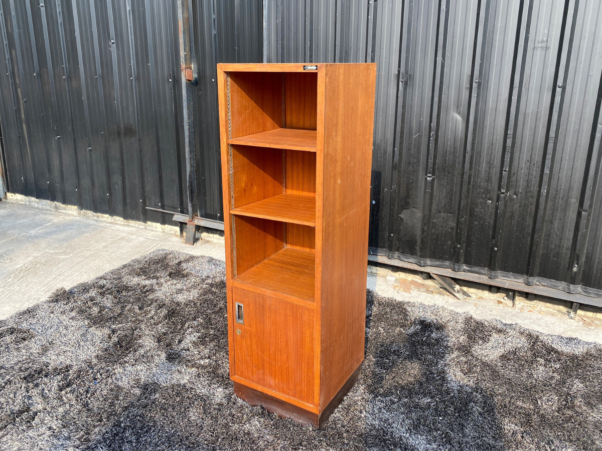 File cabinet wooden frame 2 open shelves 1 door with solid bottom opening