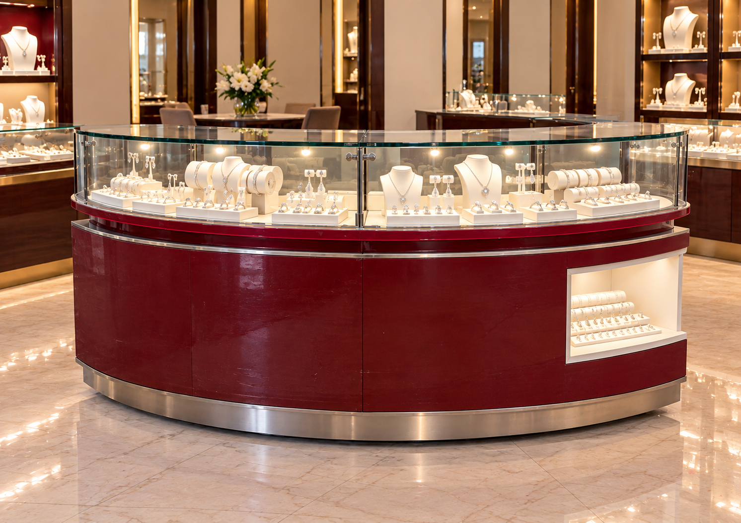 Curved Red Jewelry Display Counter (214 cm)