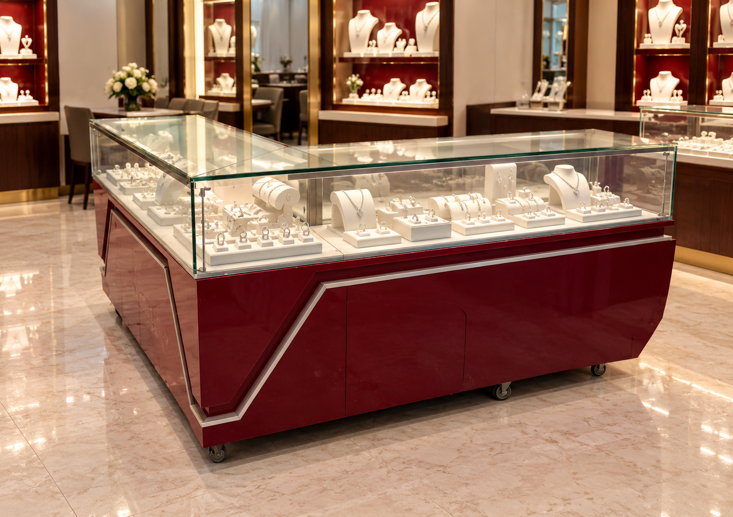 Red L-shaped (Right) Jewelry Display Counter – 214 cm