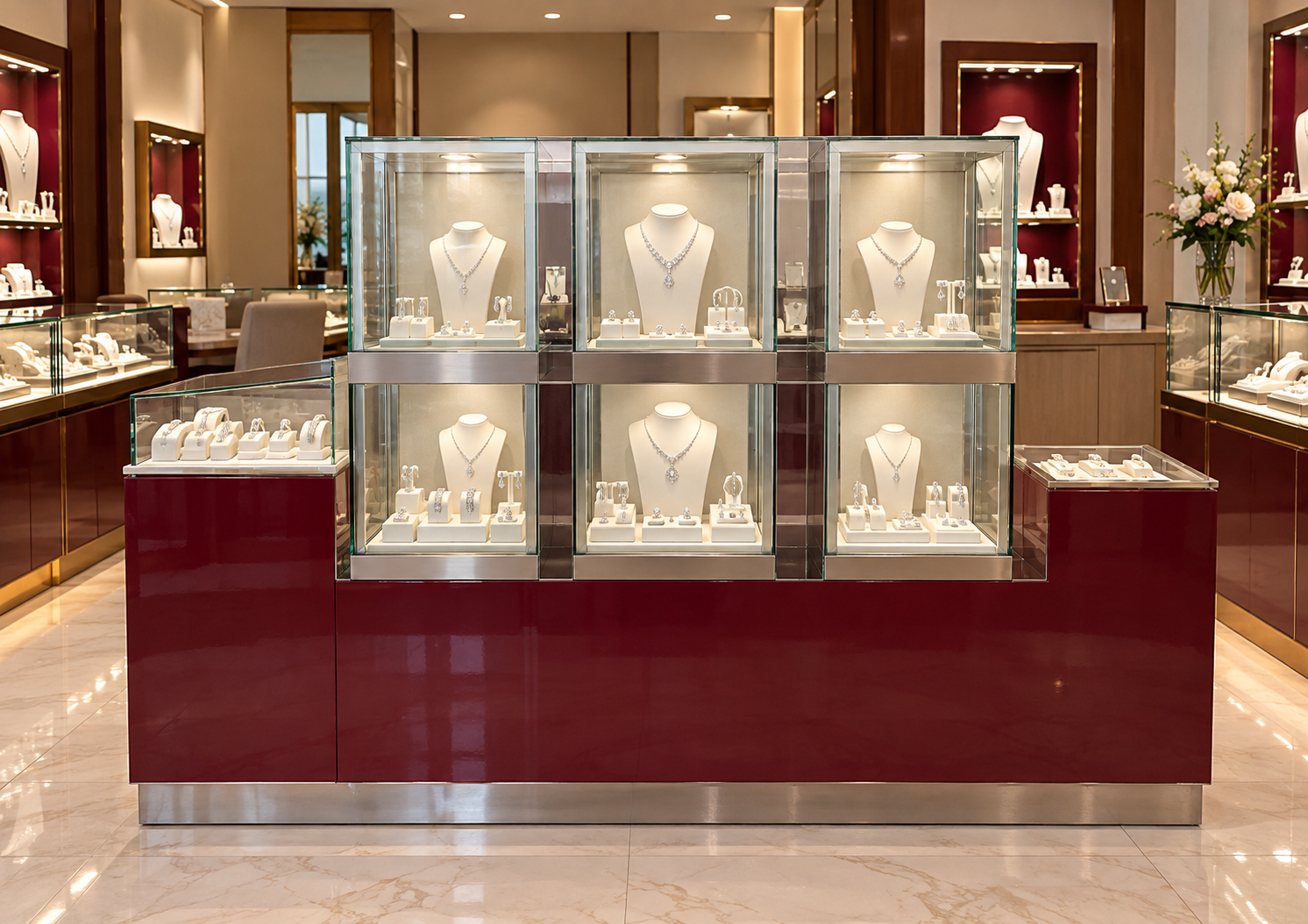 Glass Jewelry Display Case with Red Base (230 cm)