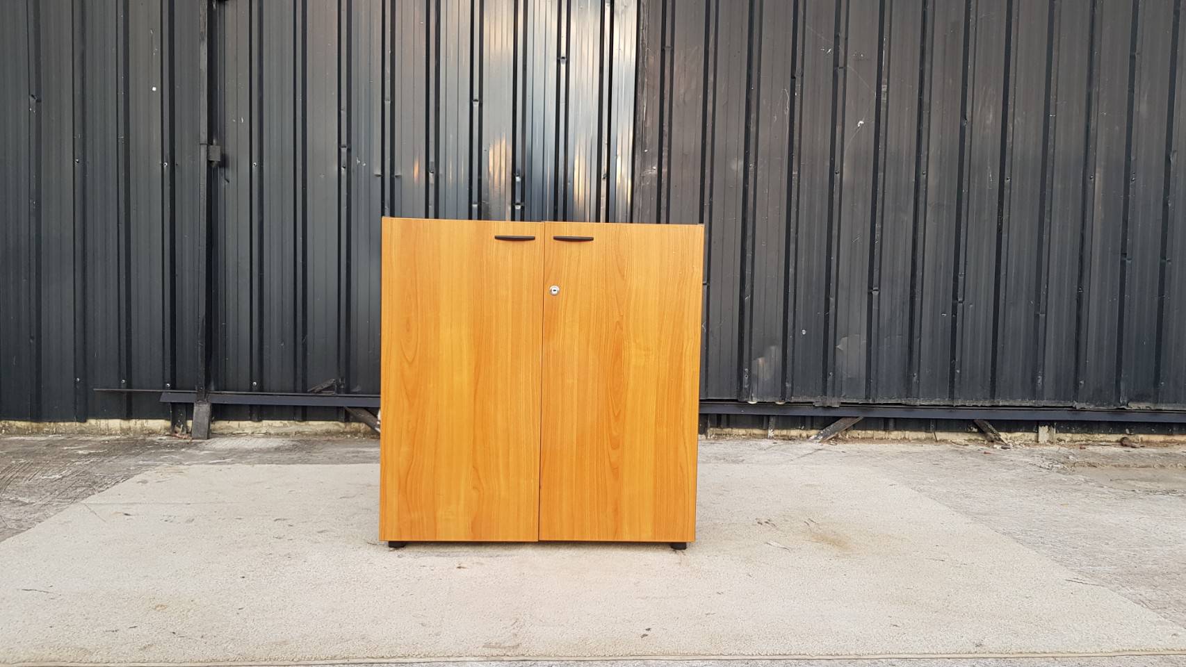 Two-door, two-compartment filing cabinet, gray and brown, Rockworth brand