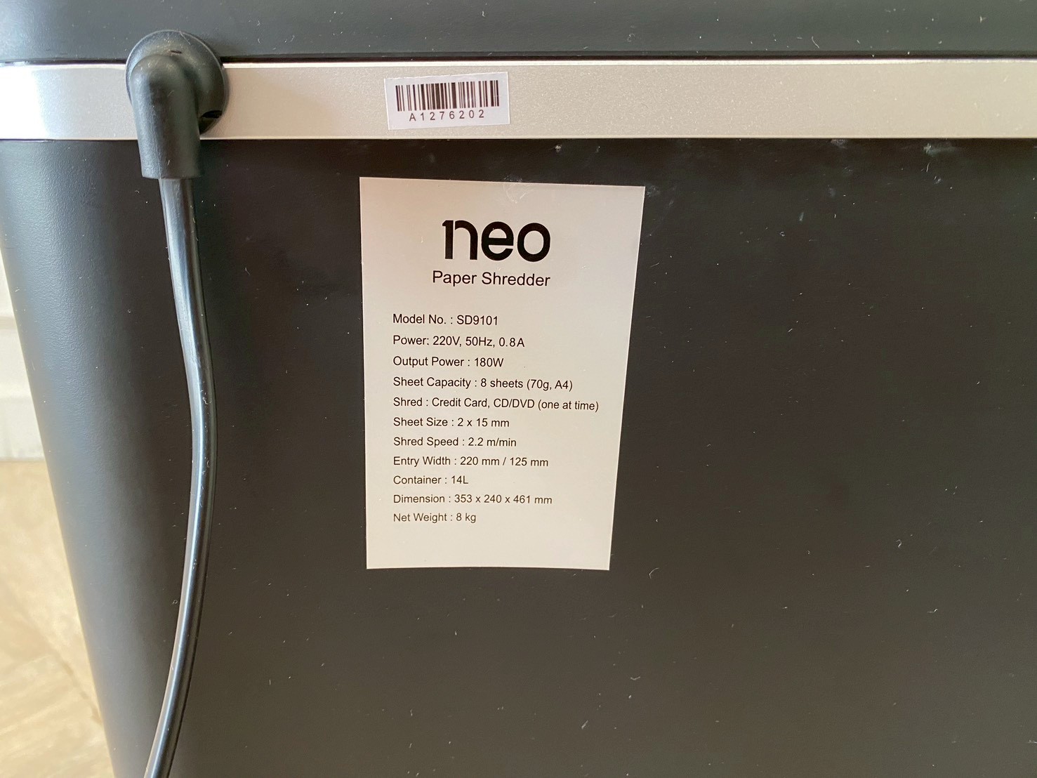 เครื่องทำลายเอกสาร สีดำ ยี่ห้อ NEO รุ่น SD9101  (1)