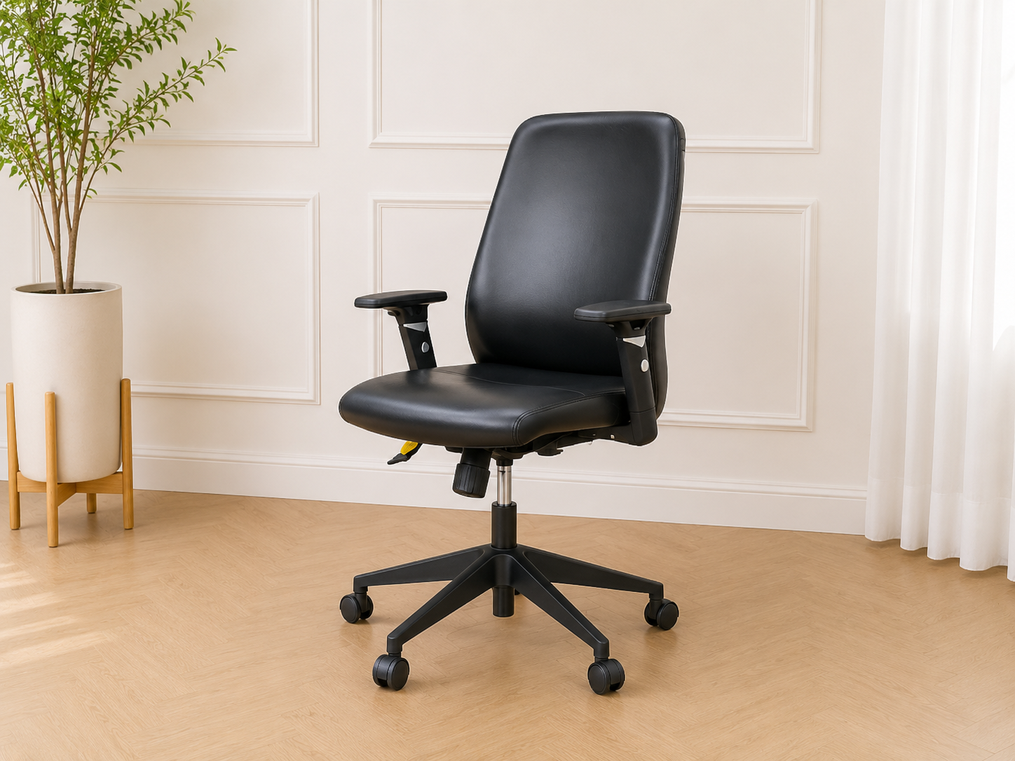 Office chair, leather seat and backrest, steel legs, black, Rockworth brand._HXRBRWG2AA