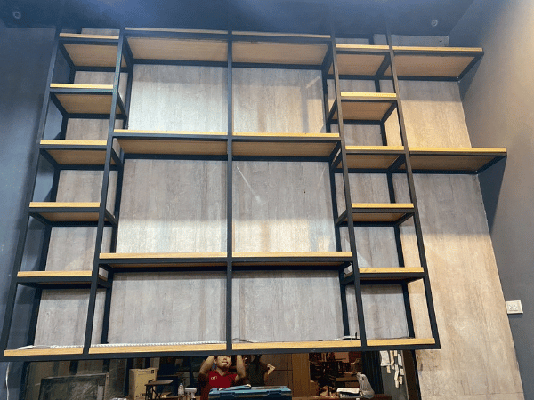 Steel frame shelf, wooden top