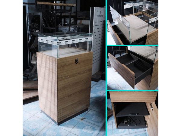 Jewelry cabinet, glass product display cabinet, tall, brown, with glass door drawers. *No key/no wheels