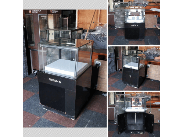 Jewelry cabinet, glass cabinet to display products square shape Opening glass door, black wooden base