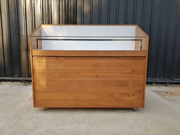 Glass display cabinet with 2 drawers, teak, brown