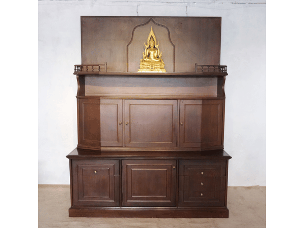 2-level wooden display cabinet with glass top, 5 doors, 4 drawers, teak wood mixed with teak plywood.