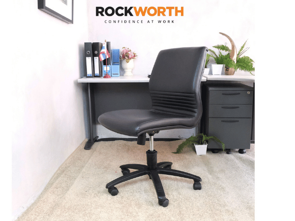 Rockworth office chair, leather seat, armless, steel legs.