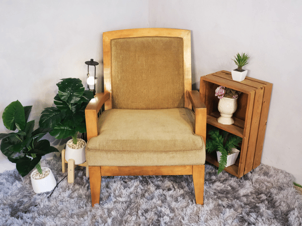 Armchair, wooden frame, fabric upholstery, brown, embassy grade.