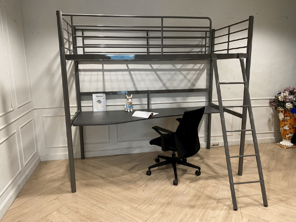 3 英尺双层床，带办公桌，钢架，灰色
