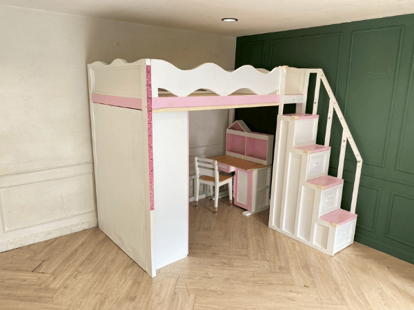 เตียงสองชั้น 4 ฟุต สำหรับเด็ก พร้อมตู้เสื้อผ้า สีขาว,ชมพู (1)