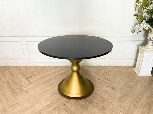 Round table, stainless steel legs, gold color, black wooden top