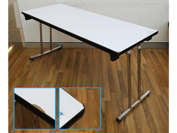 Long white wooden table with metal legs