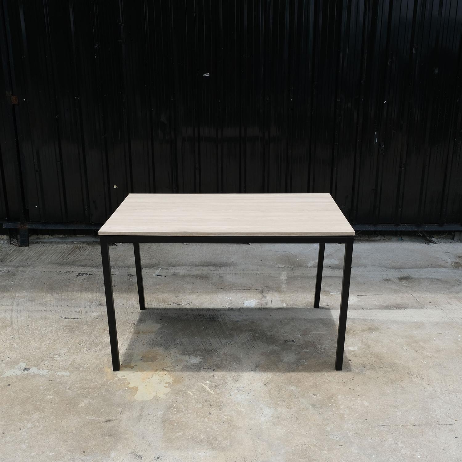 Multipurpose table, wood pattern top, black steel leg frame.